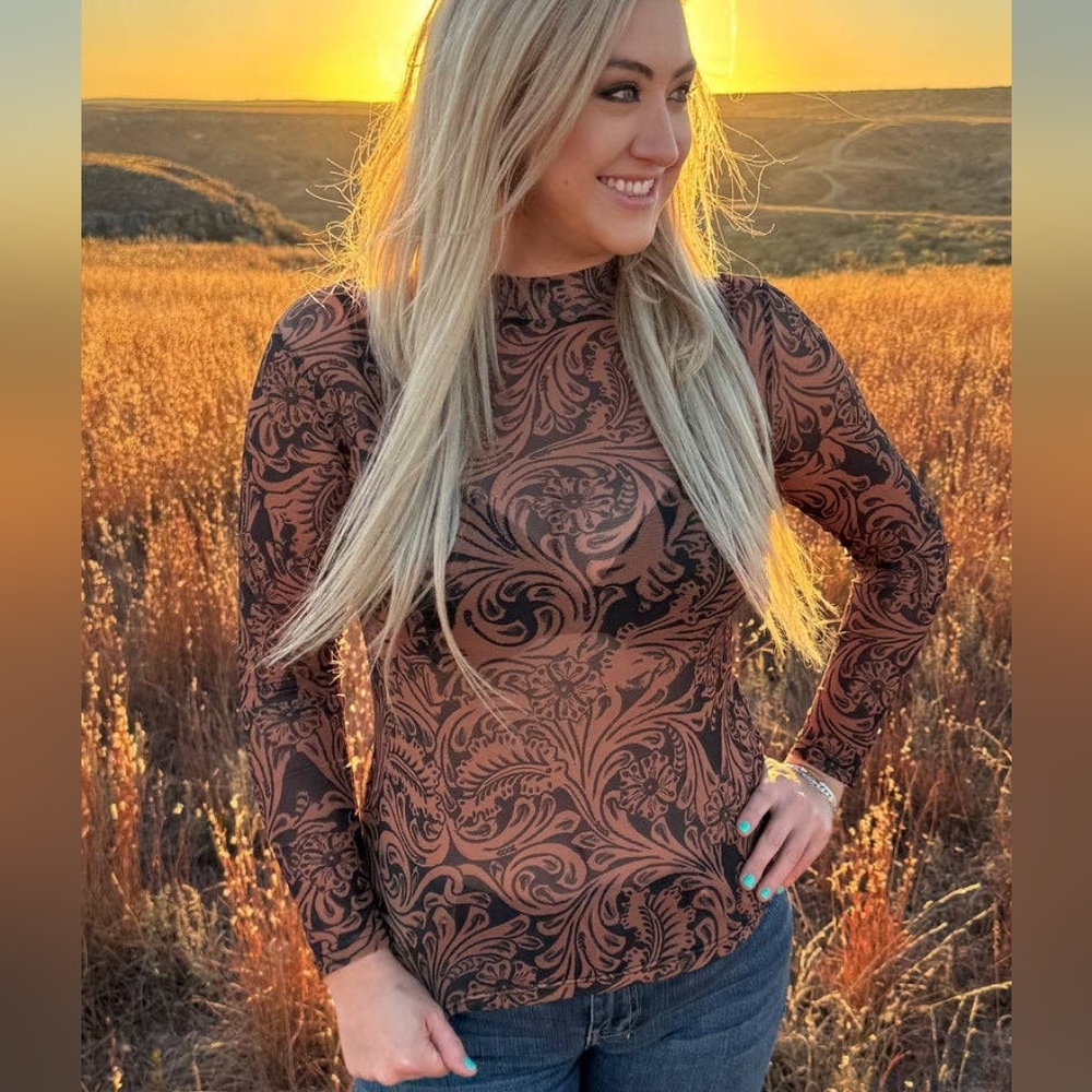 NWT Brown Country Road Leather Mesh Top